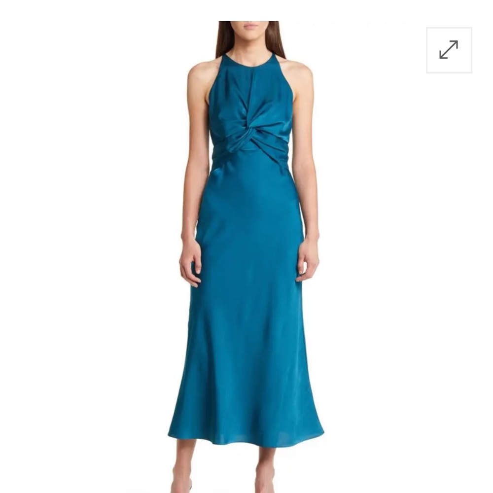 Floret Studios High Neck Twisted Bodice Sleeveless Dress in Teal